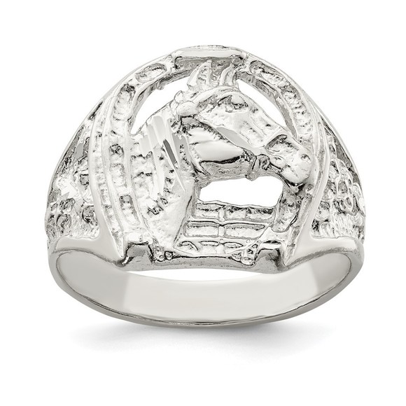 925 Sterling Silver Equestrian Horseshoe with Equestrian Horse Head Ring - Picture 1 of 6